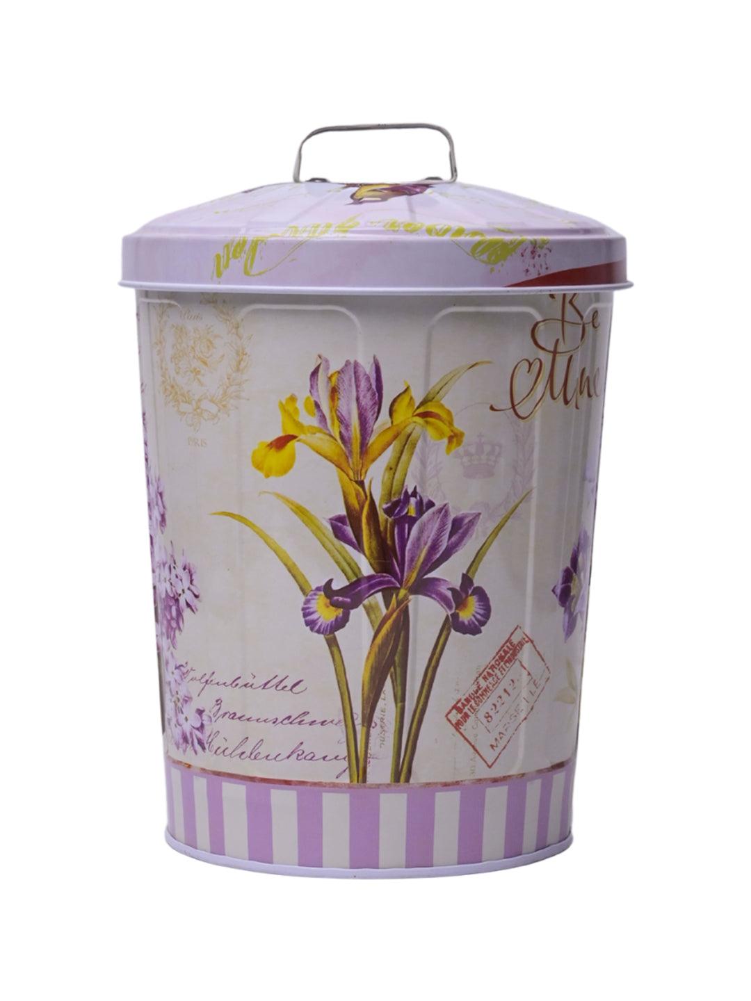 Floral Design Cylindrical Canister With Lid - White - MARKET99