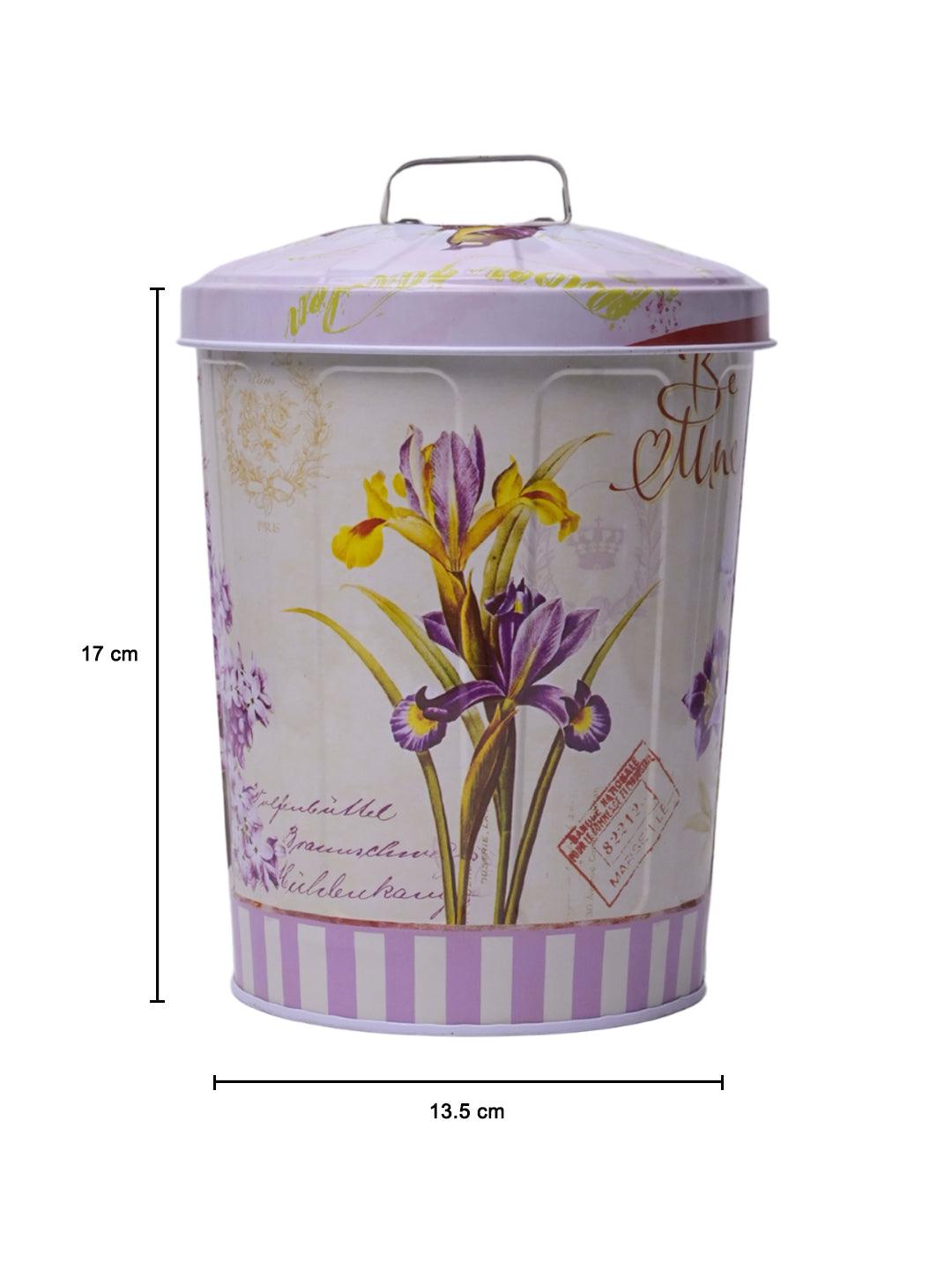 Floral Design Cylindrical Canister With Lid - White - MARKET99