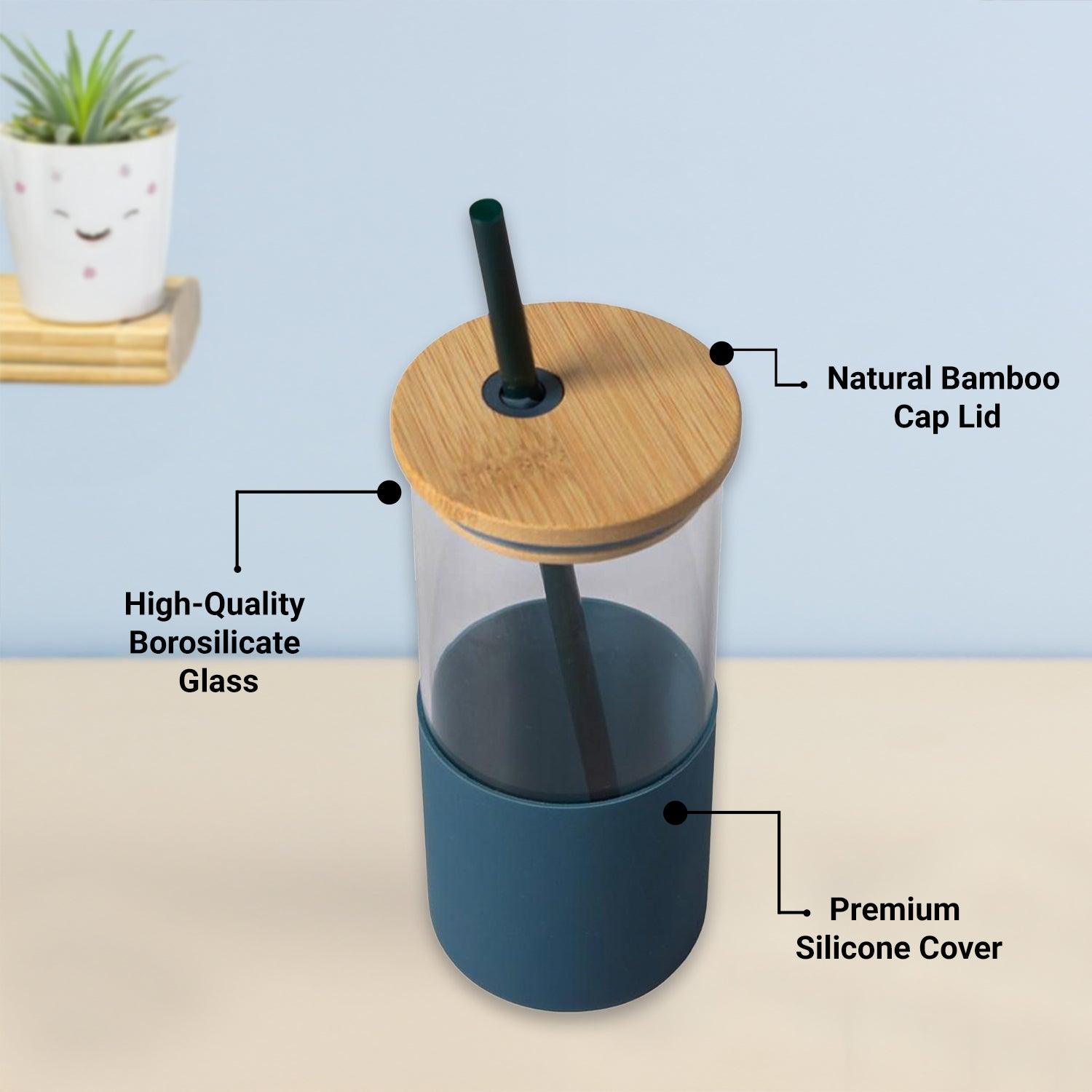 Navy Blue Borosilicate Glass Sipper With Straw - 350 Ml