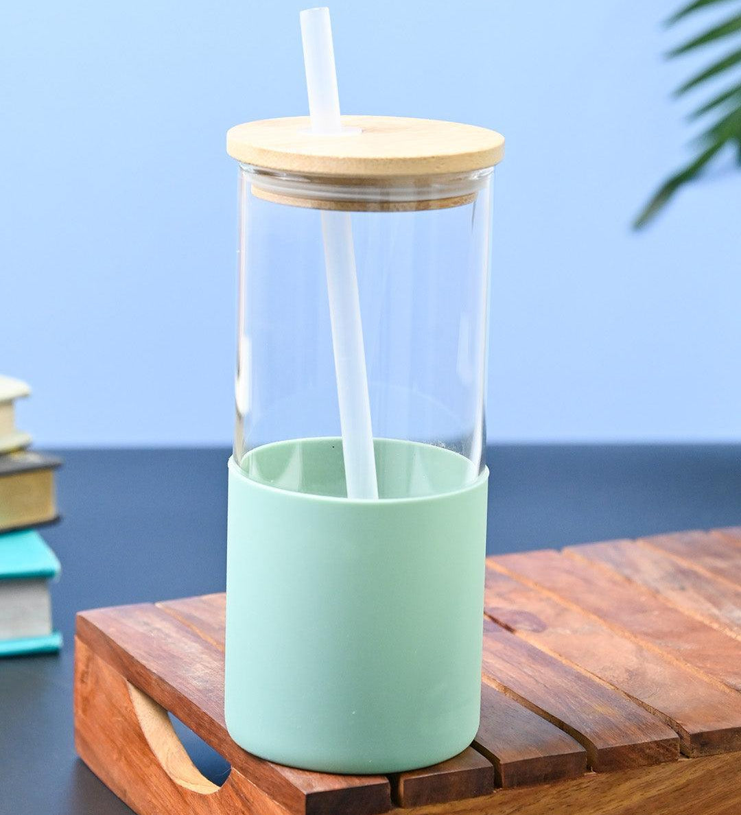 Green Borosilicate Glass Sipper With Straw - 350 Ml - MARKET99