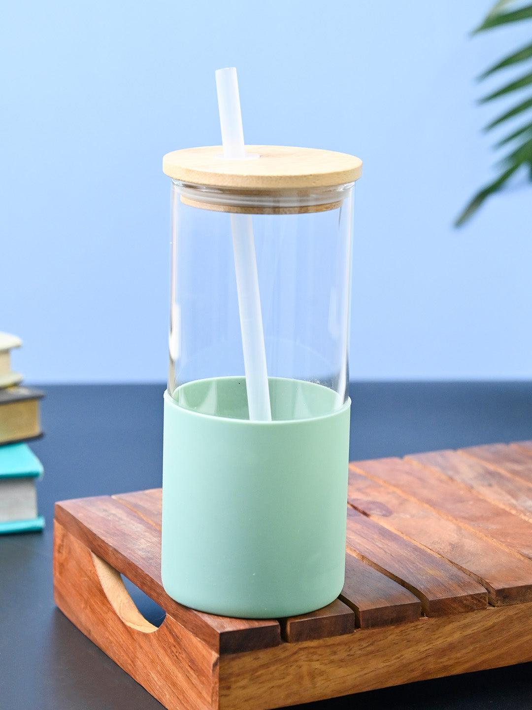 Green Borosilicate Glass Sipper With Straw - 350 Ml