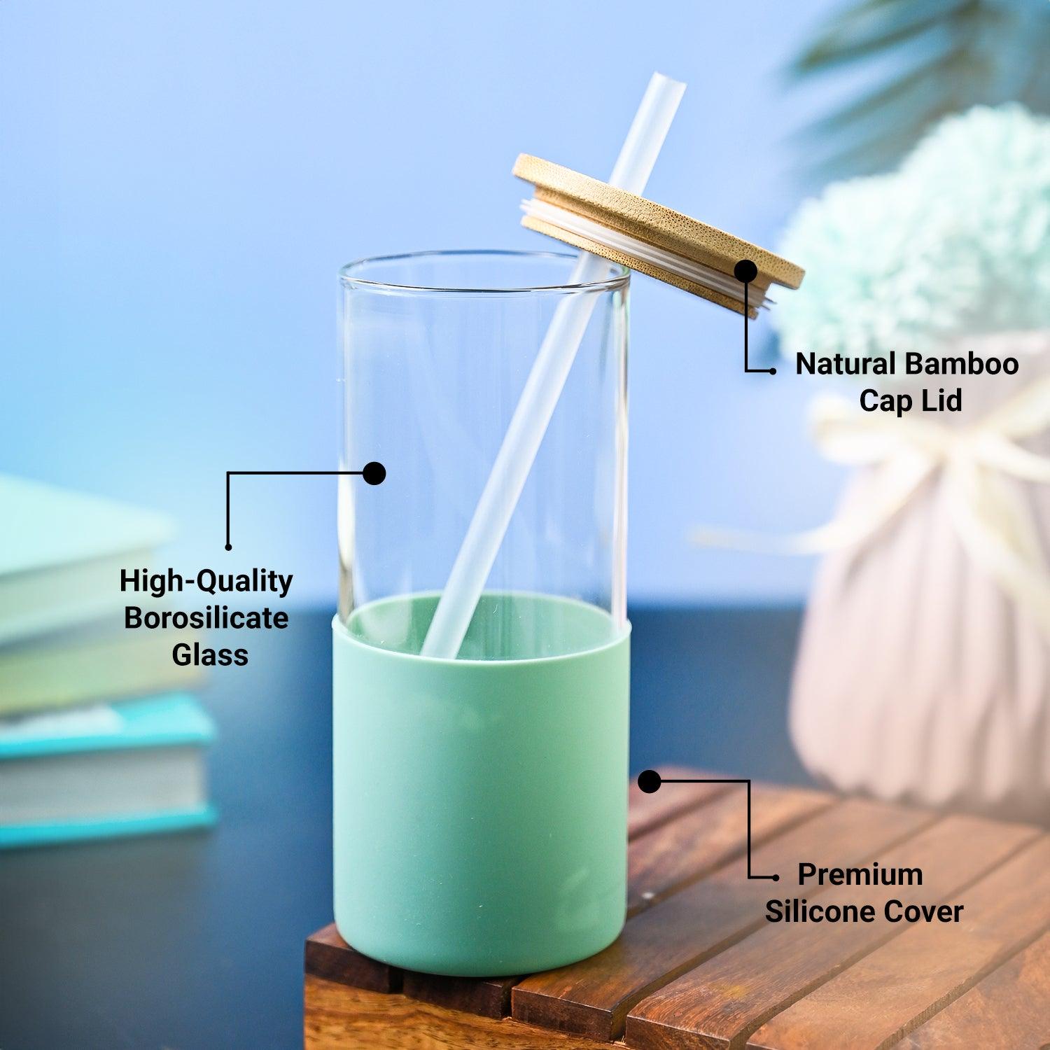 Green Borosilicate Glass Sipper With Straw - 350 Ml