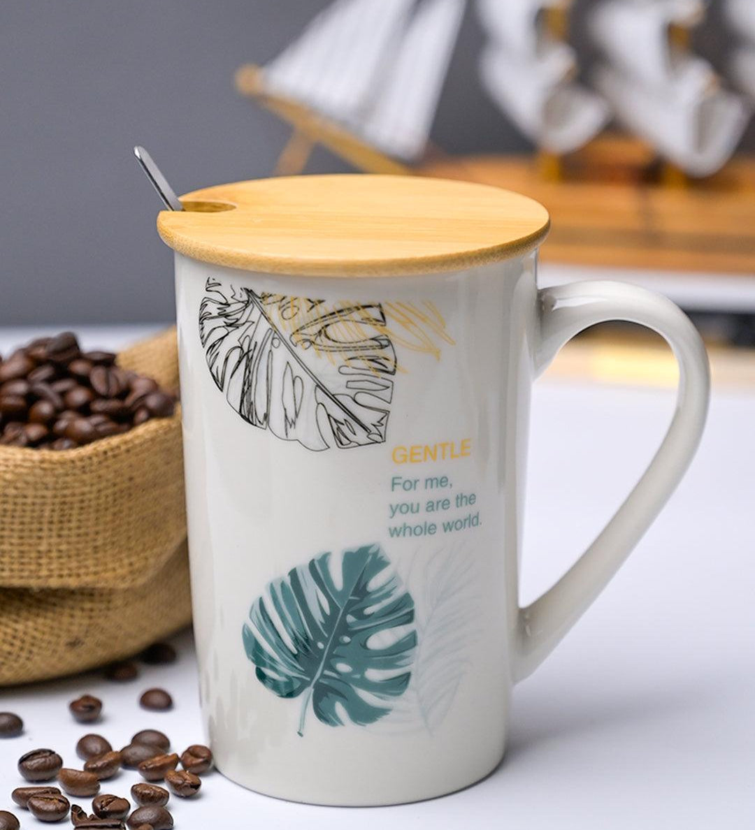 GENTLE' Coffee Mug With Wooden Lid and Spoon - White, 450mL - MARKET99
