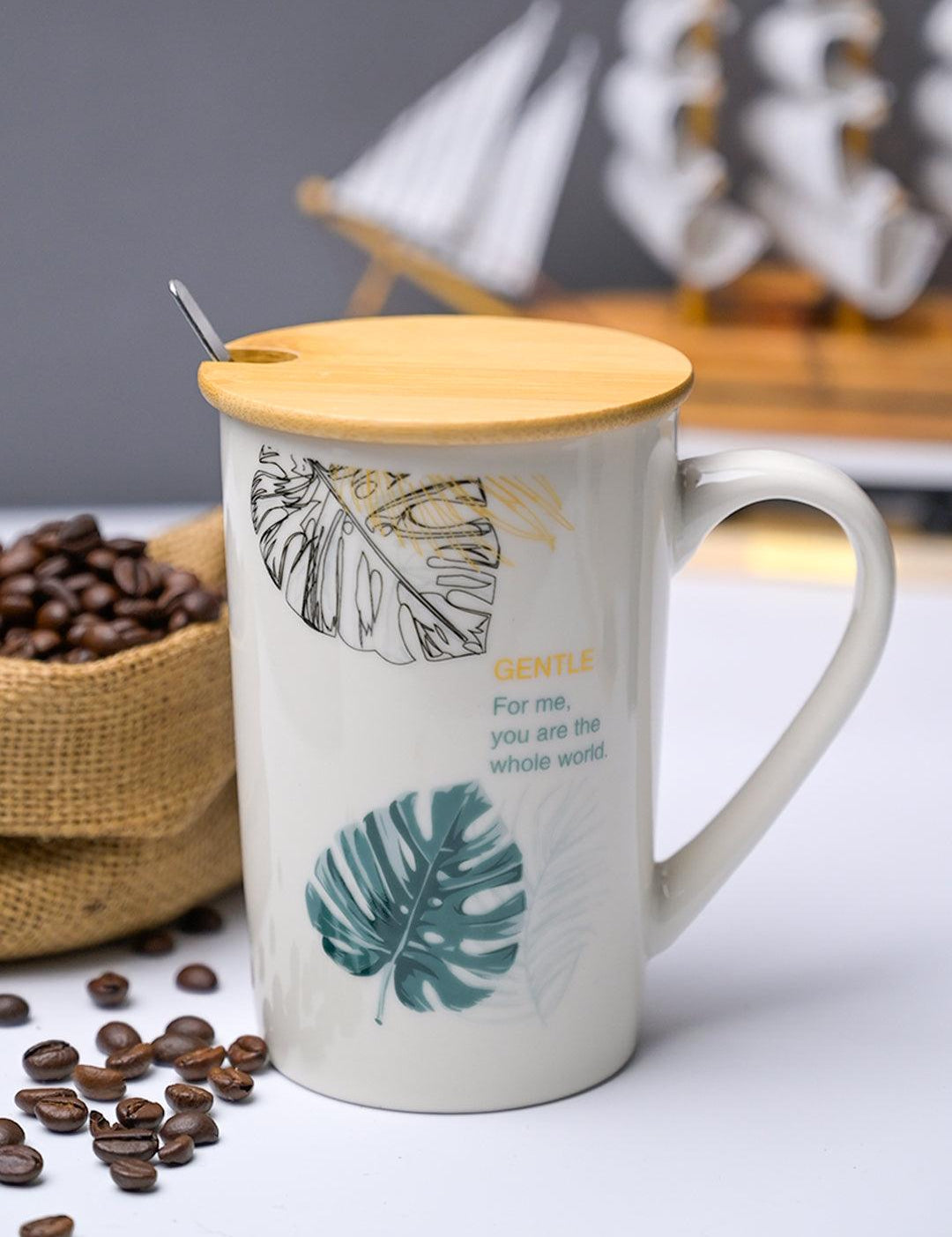 GENTLE' Coffee Mug With Wooden Lid and Spoon - White, 450mL - MARKET99