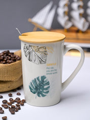 GENTLE' Coffee Mug With Wooden Lid and Spoon - White, 450mL - MARKET99