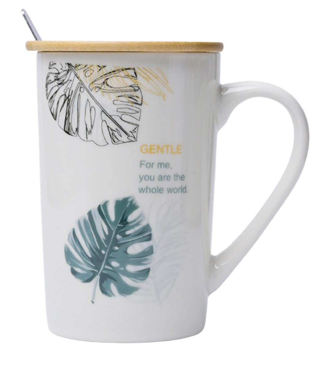 GENTLE' Coffee Mug With Wooden Lid and Spoon - White, 450mL - MARKET99