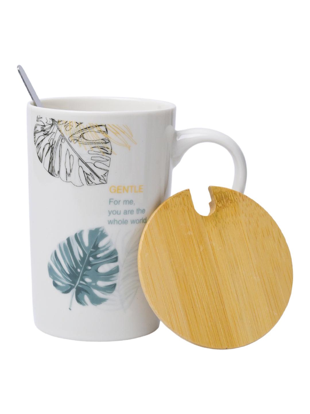 GENTLE' Coffee Mug With Wooden Lid and Spoon - White, 450mL - MARKET99