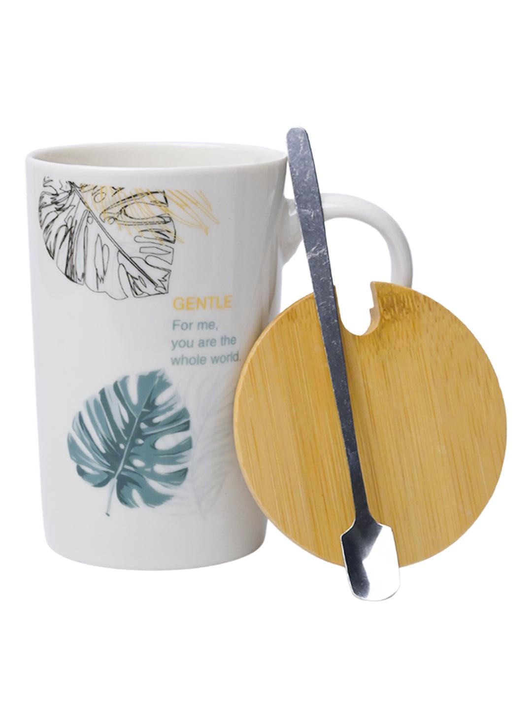 GENTLE' Coffee Mug With Wooden Lid and Spoon - White, 450mL - MARKET99