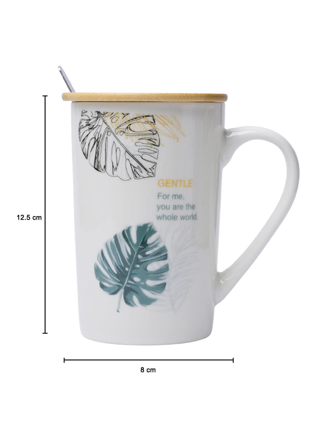 GENTLE' Coffee Mug With Wooden Lid and Spoon - White, 450mL - MARKET99