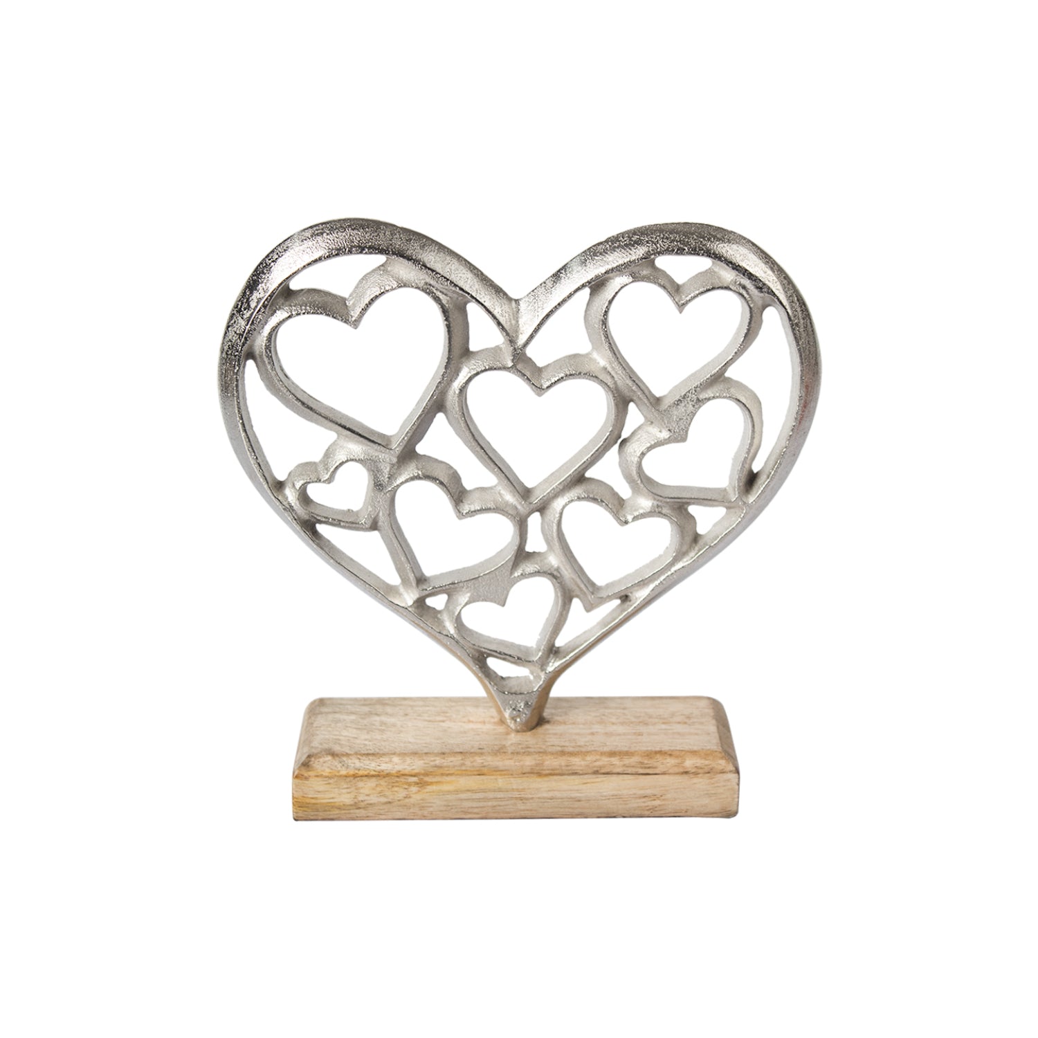 Silver Hearts Sculpture on a Wooden Base