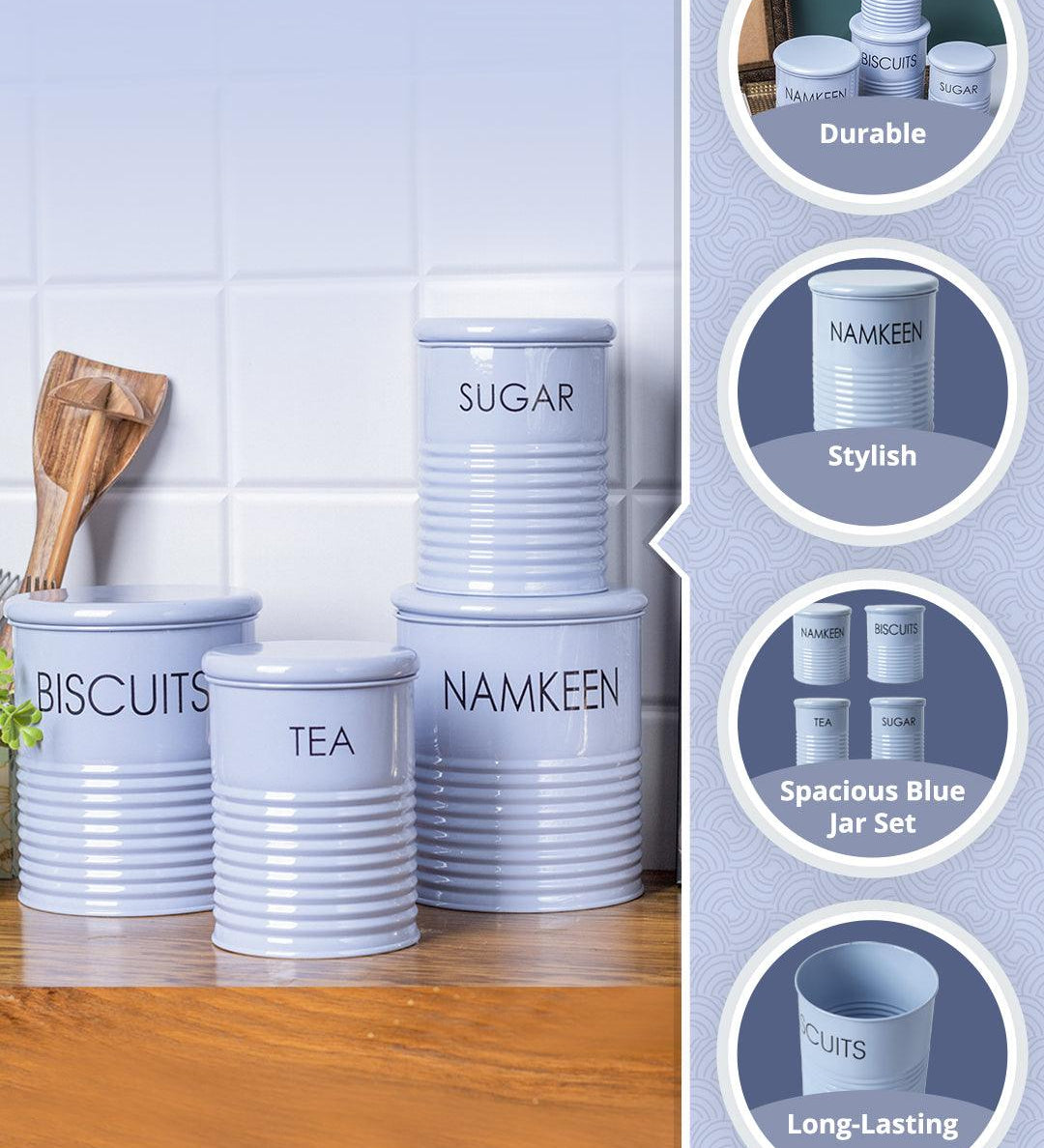 Tea & Sugar Jar (Each 900 Ml) + Biscuits & Namkeen Jar (Each 1700 Ml) - Light Blue, Set Of 4 - MARKET99