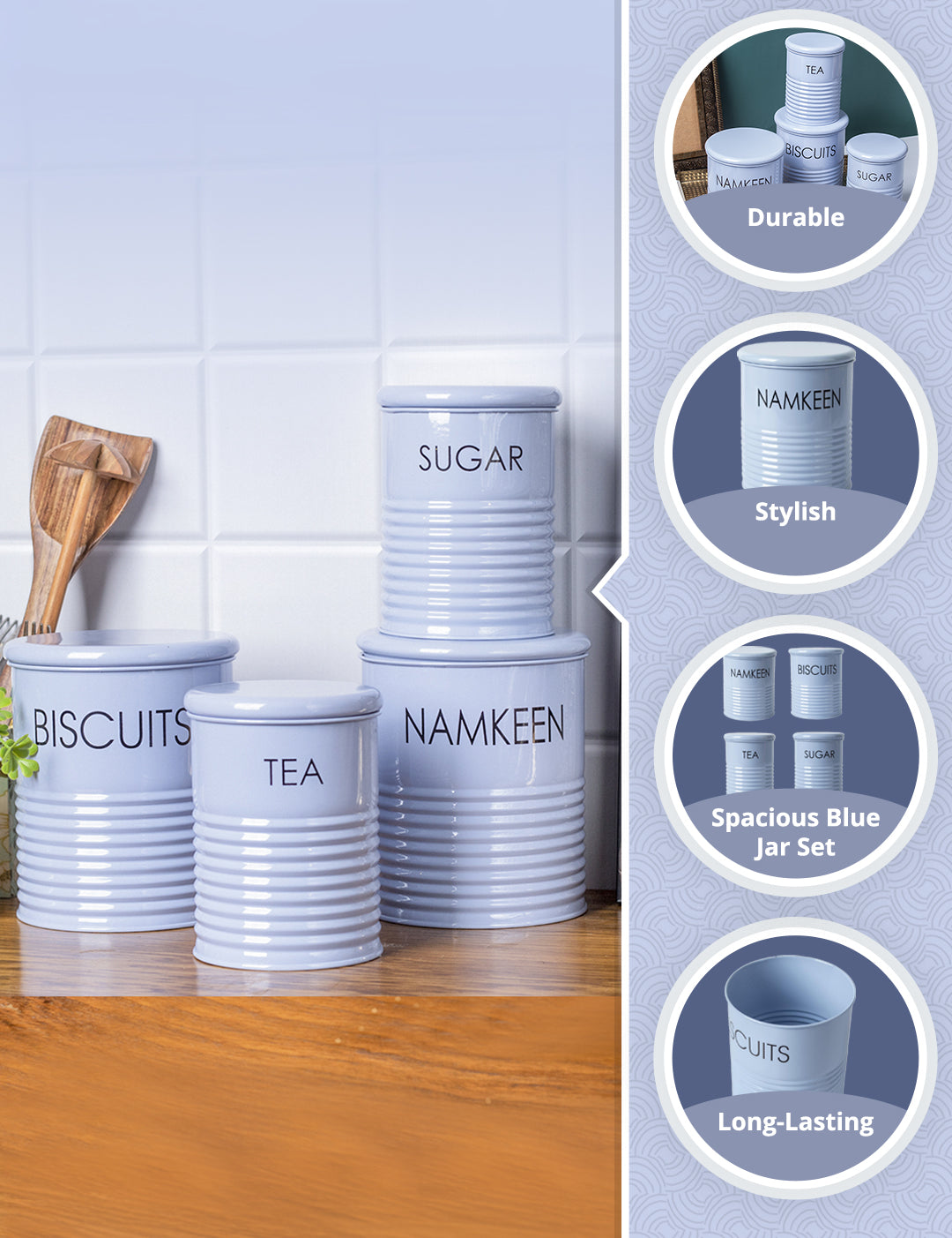 Tea & Sugar Jar (Each 900 Ml) + Biscuits & Namkeen Jar (Each 1700 Ml) - Light Blue, Set Of 4 - MARKET99