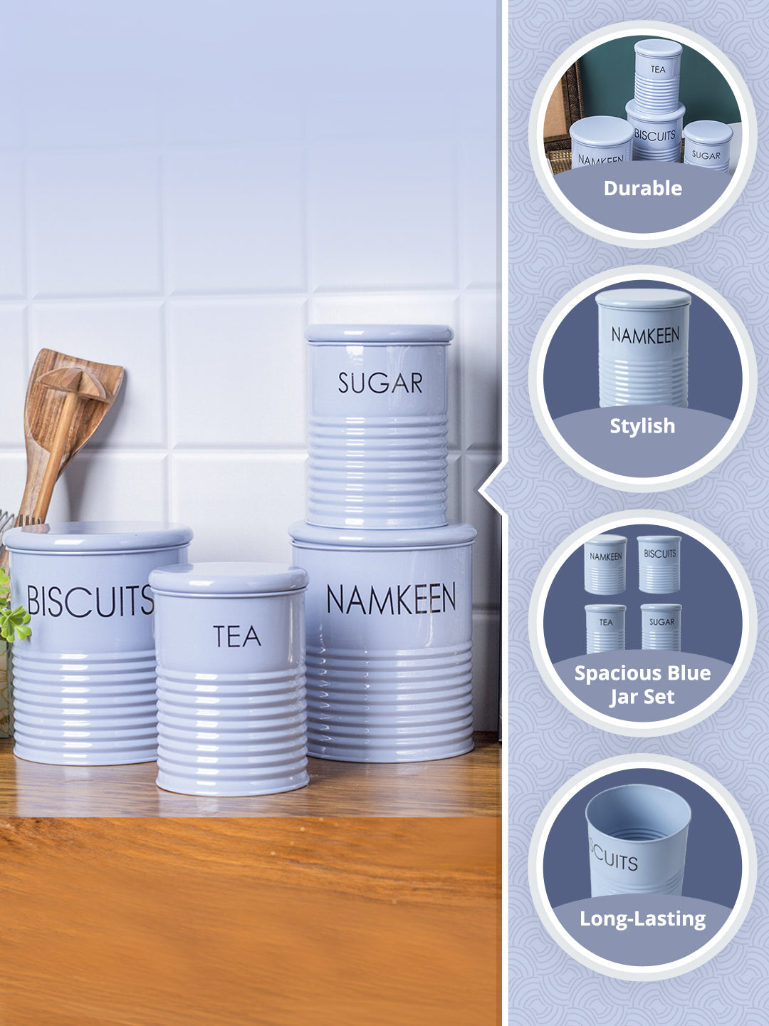 Tea & Sugar Jar (Each 900 Ml) + Biscuits & Namkeen Jar (Each 1700 Ml) - Light Blue, Set Of 4 - MARKET99