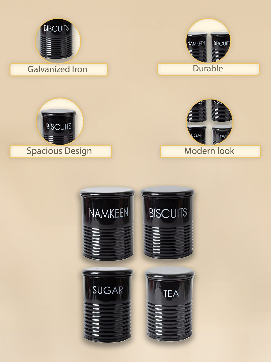 Tea & Sugar Jar (Each 900 Ml) +  Biscuits & Namkeen Jar (Each 1700 Ml) - Black, Set Of 4