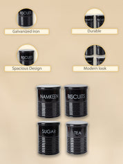 Tea & Sugar Jar (Each 900 Ml) +  Biscuits & Namkeen Jar (Each 1700 Ml) - Black, Set Of 4