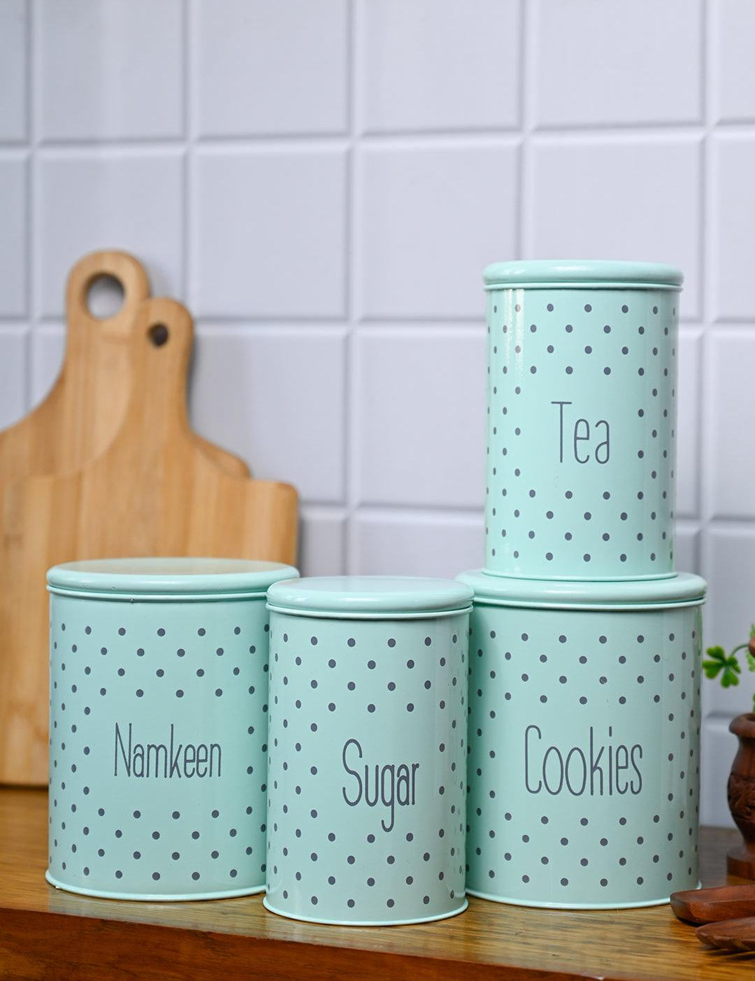 Tea & Sugar Jar (Each 900 Ml) + Cookie & Namkeen Jar (Each 1700 Ml) - Polka Dot Green, Set Of 4 - MARKET99
