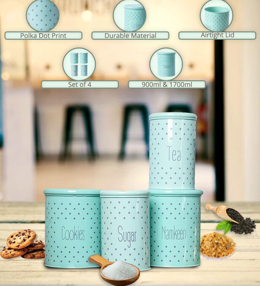 Tea & Sugar Jar (Each 900 Ml) + Cookie & Namkeen Jar (Each 1700 Ml) - Polka Dot Green, Set Of 4 - MARKET99