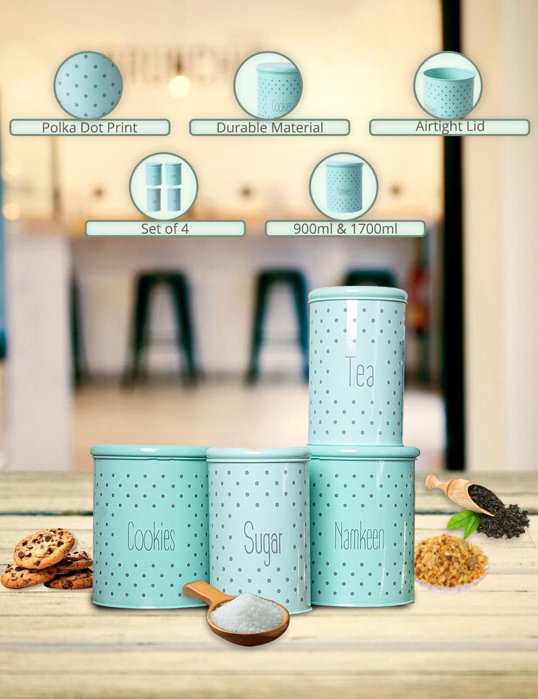 Tea & Sugar Jar (Each 900 Ml) + Cookie & Namkeen Jar (Each 1700 Ml) - Polka Dot Green, Set Of 4 - MARKET99