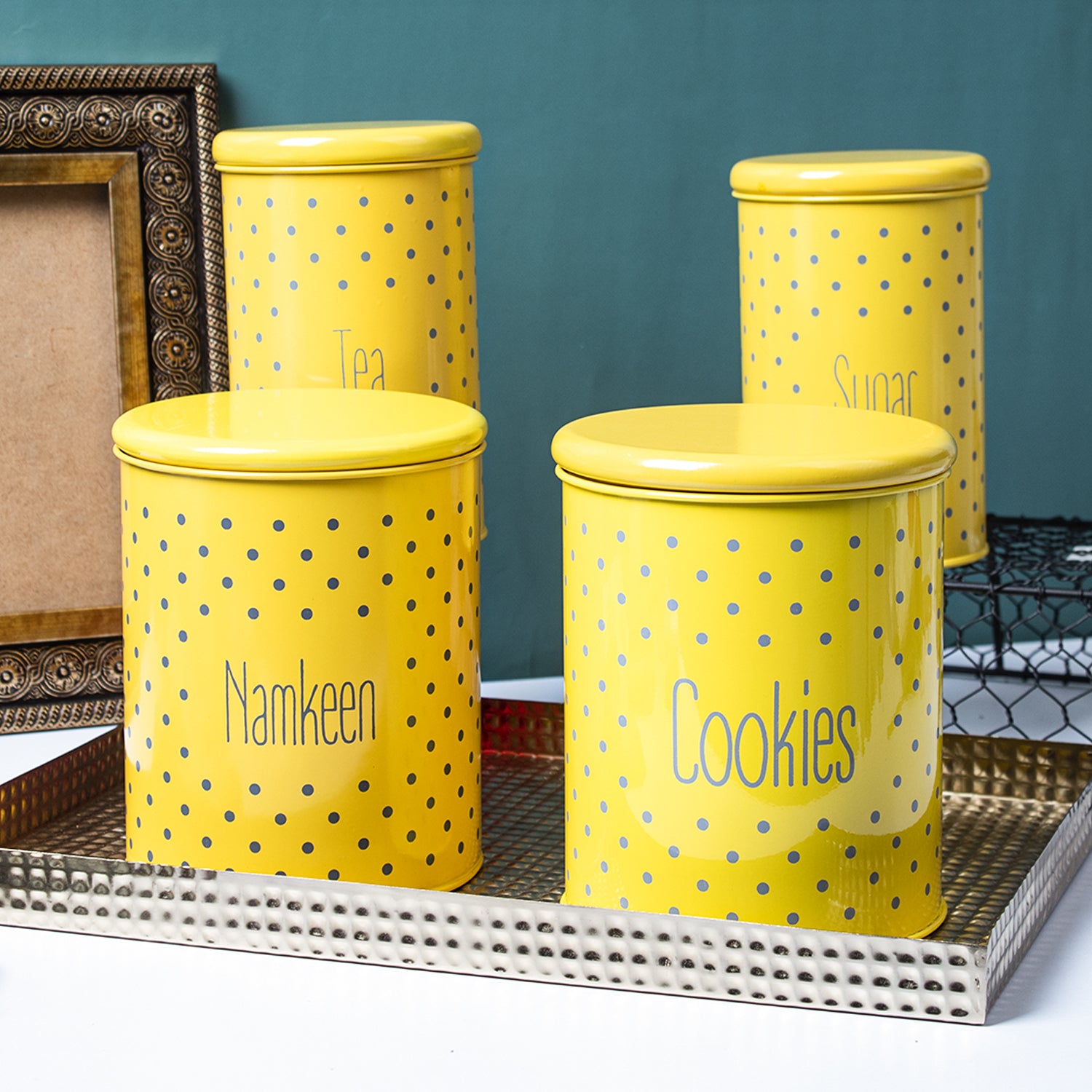Tea & Sugar Jar (Each 900 Ml) + Cookie & Namkeen Jar (Each 1700 Ml) - Polka Dot Yellow, Set Of 4