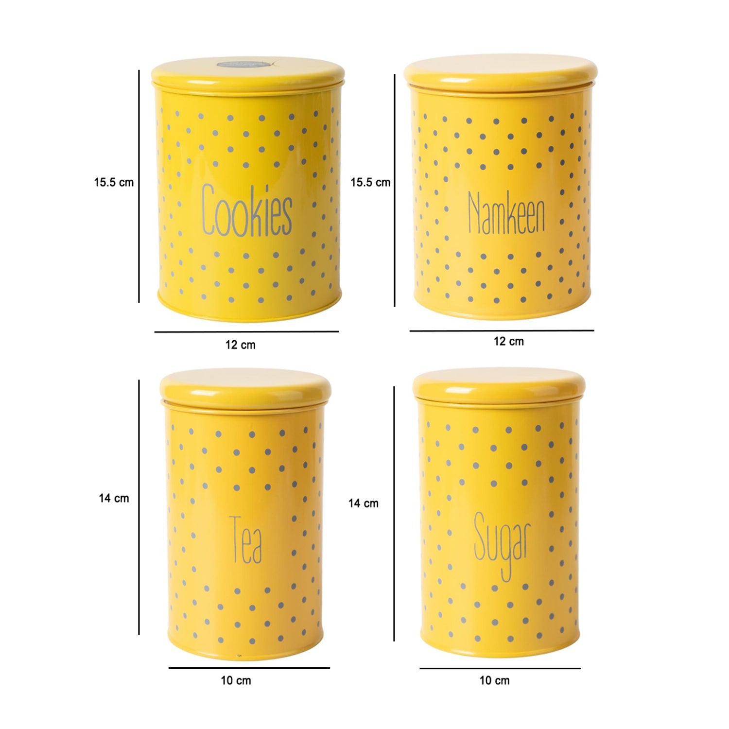 Tea & Sugar Jar (Each 900 Ml) + Cookie & Namkeen Jar (Each 1700 Ml) - Polka Dot Yellow, Set Of 4
