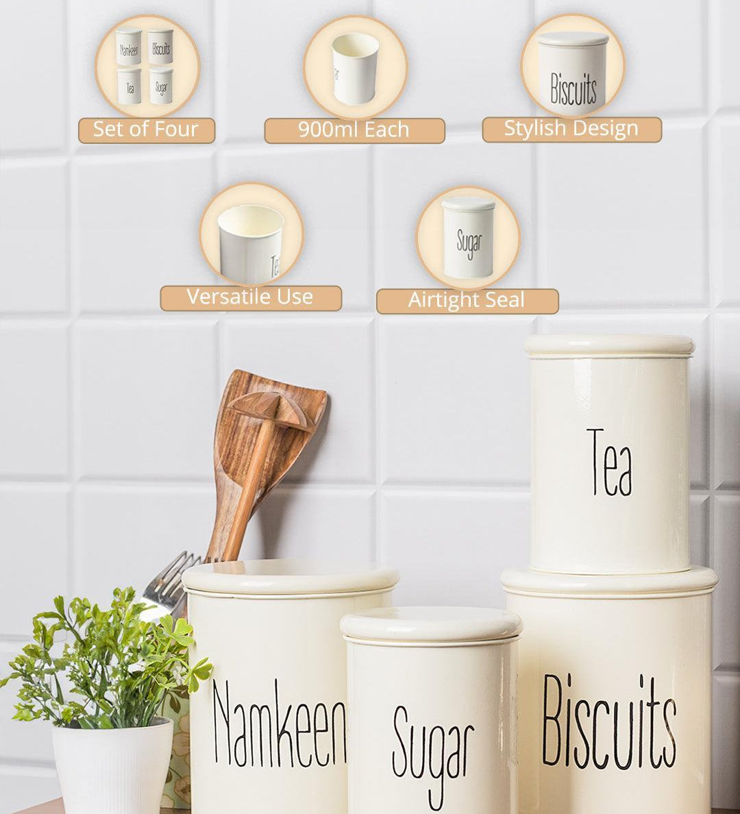 Tea & Sugar Jar (Each 900 Ml) + Biscuits & Namkeen Jar (Each 1700 Ml) - White, Set Of 4 - MARKET99