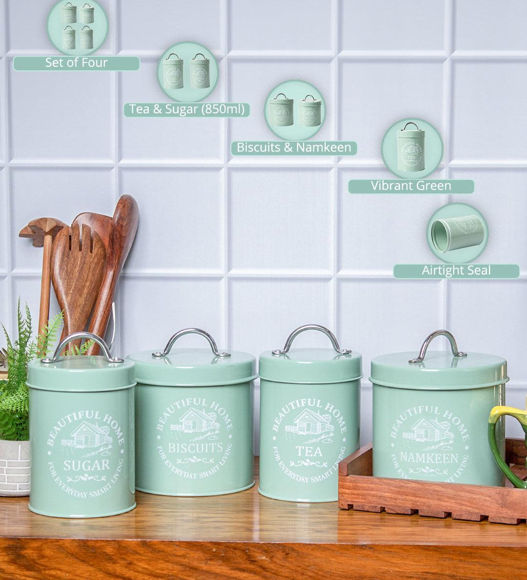 Tea & Sugar Jar (Each 850 Ml) + Biscuits & Namkeen Jar (Each 1300 Ml) - Green, Set Of 4 - MARKET99
