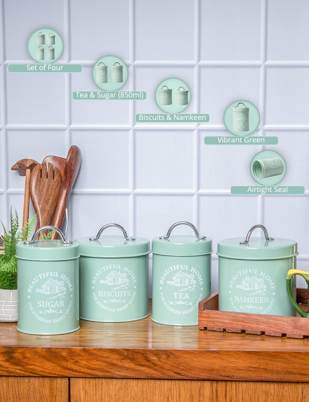 Tea & Sugar Jar (Each 850 Ml) + Biscuits & Namkeen Jar (Each 1300 Ml) - Green, Set Of 4 - MARKET99