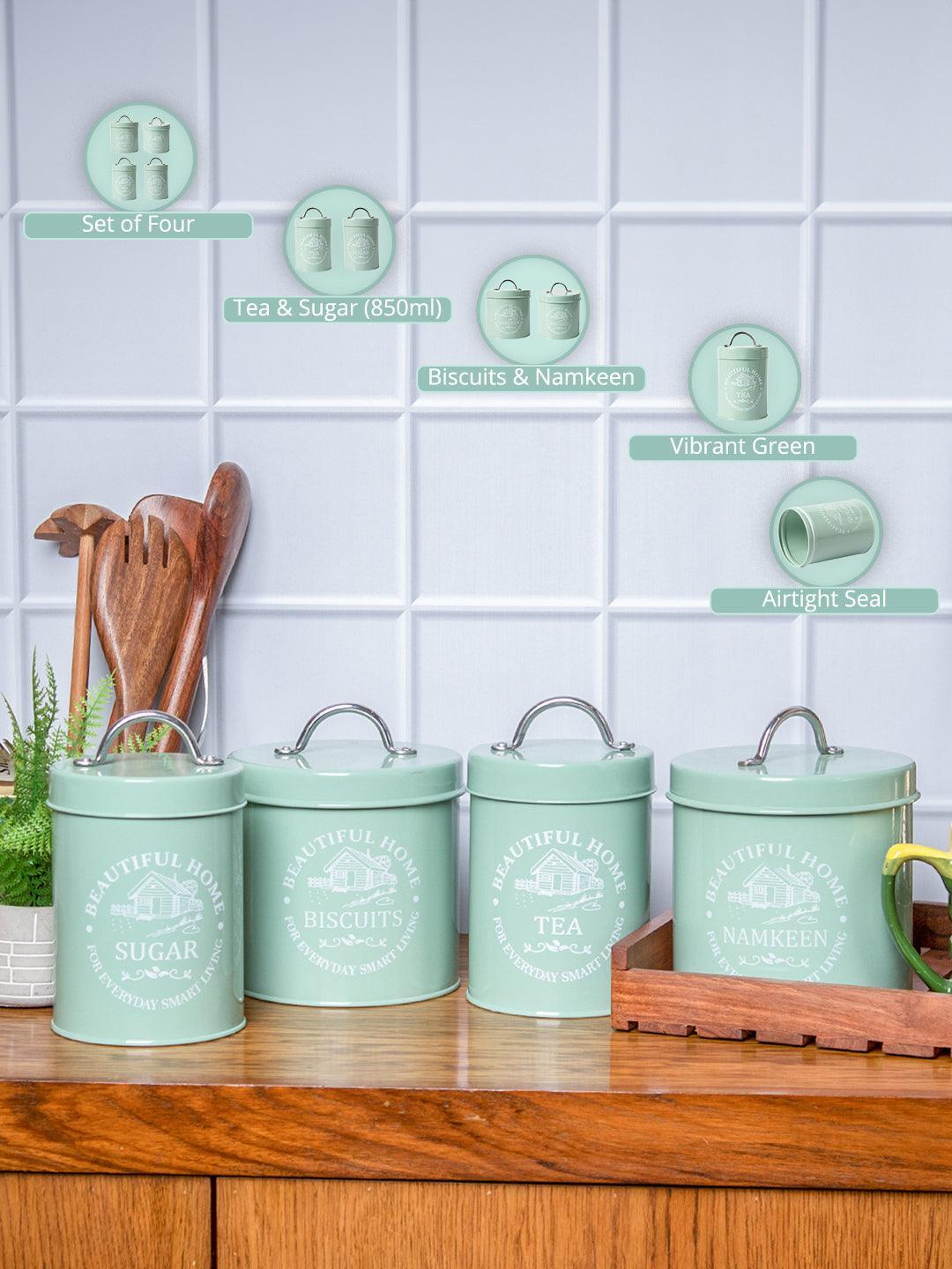 Tea Sugar Jar (Each 850 Ml) Biscuits Namkeen Jar (Each 1300 Ml) Green, Set Of