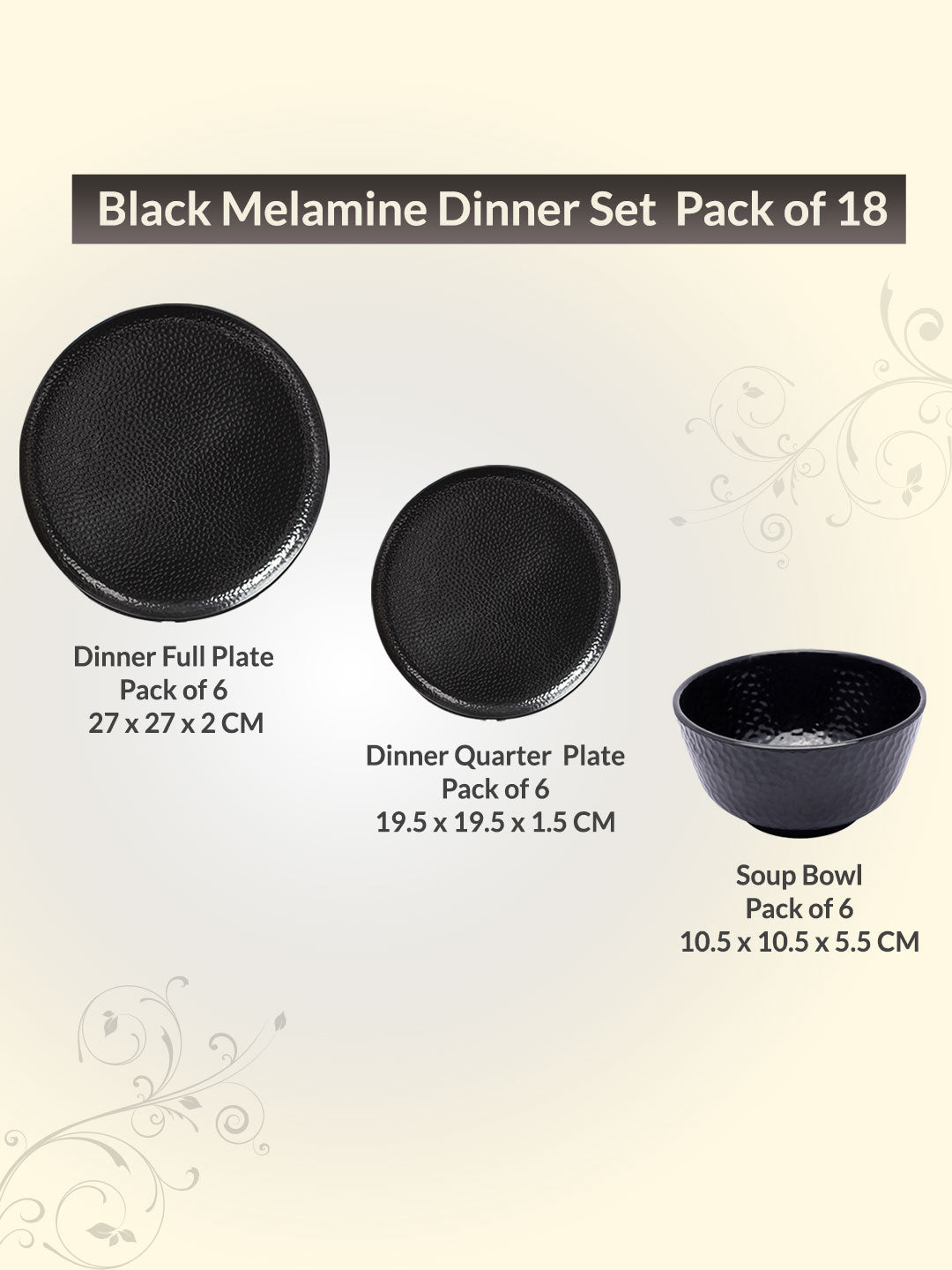 Black Melamine Dinner Set Of 18 Pcs - 6 Full & 6 Quarter Plates + 6 Bowls - MARKET99