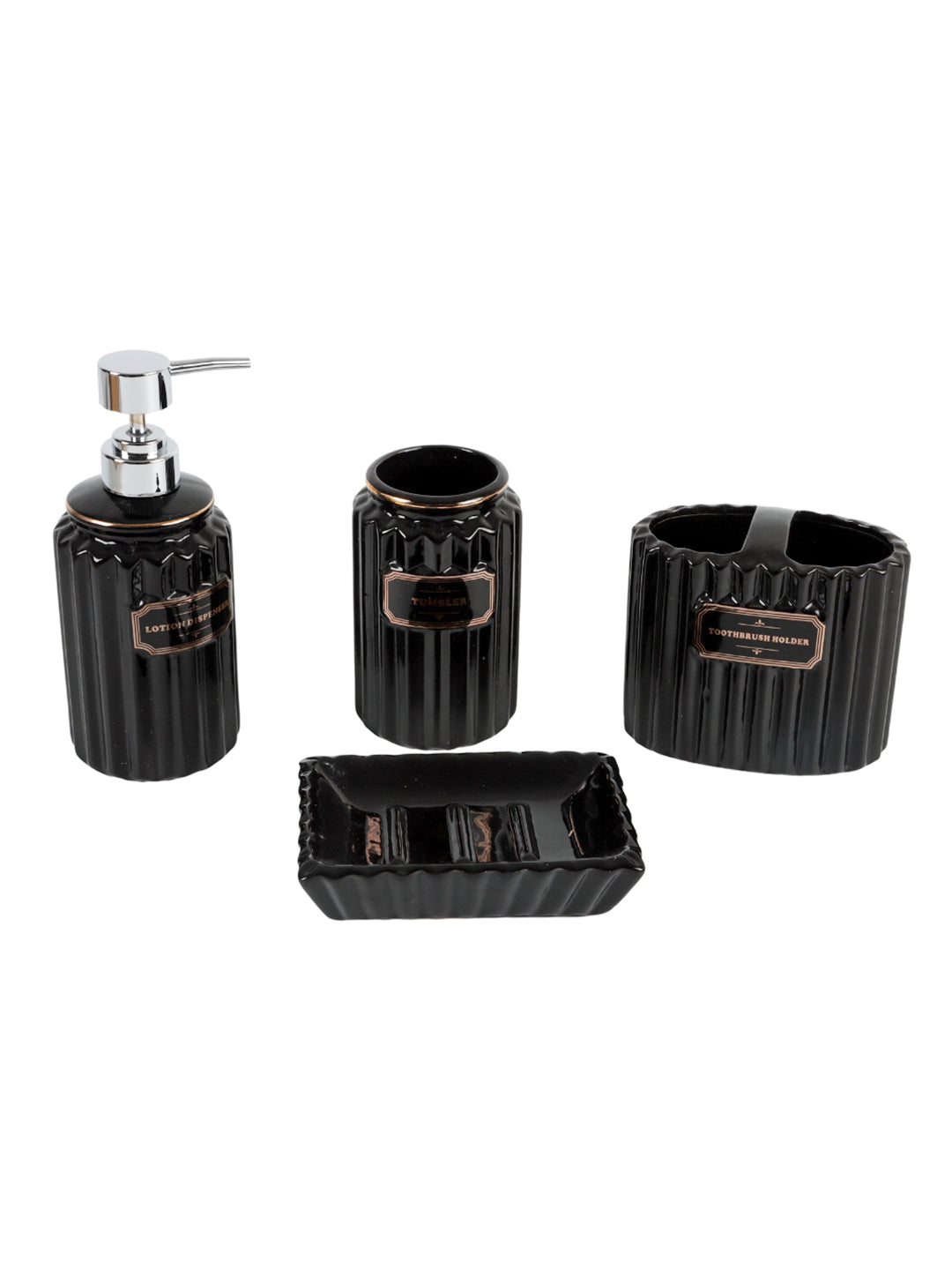 Black Ceramic Bathroom Set Of 4 - Ribbed Design, Bath Accessories