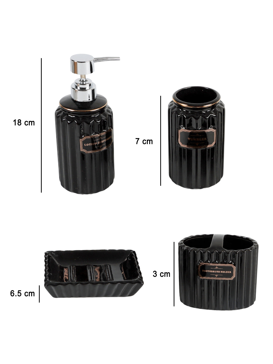 Black Ceramic Bathroom Set Of 4 - Ribbed Design, Bath Accessories