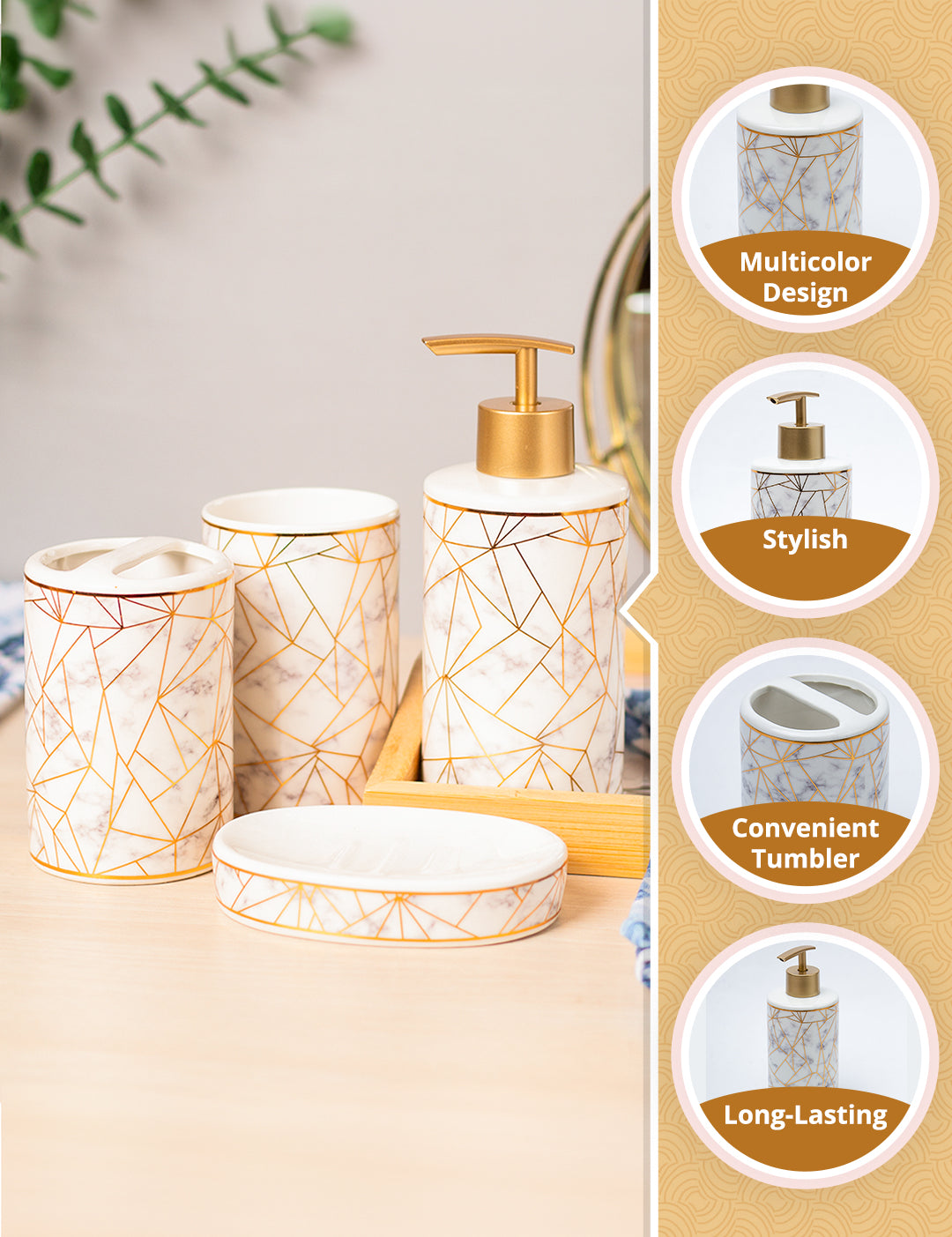 Ceramic Cylindrical Bathroom Set Of 4 - Geometric Pattern, Bath Accessories - MARKET99