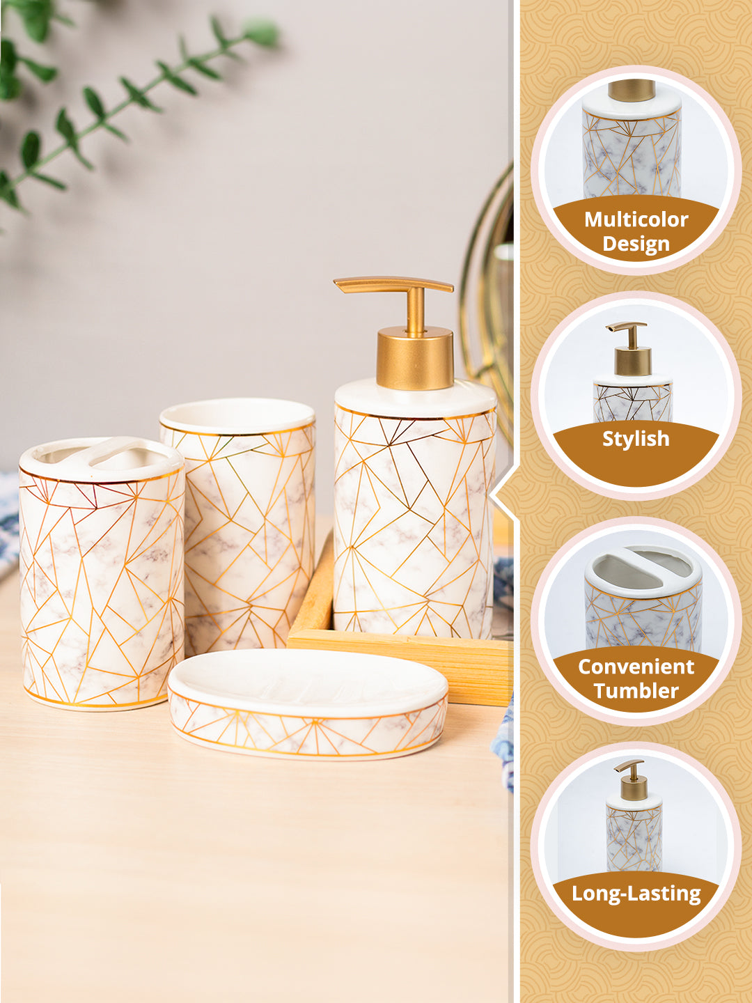 Ceramic Cylindrical Bathroom Set Of 4 - Geometric Pattern, Bath Accessories - MARKET99