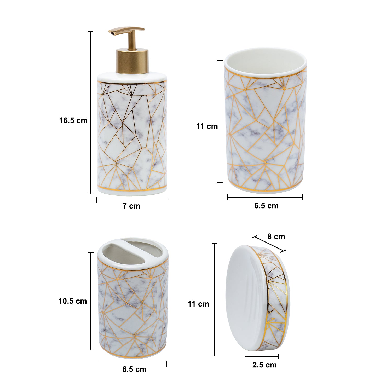 Ceramic Cylindrical Bathroom Set Of 4 - Geometric Pattern, Bath Accessories