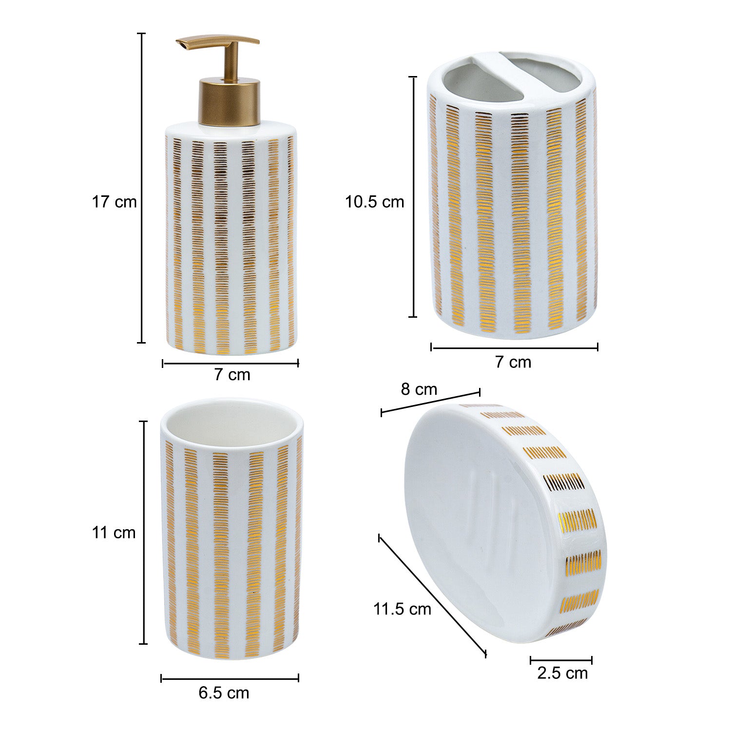 Ceramic Cylindrical Bathroom Set Of 4 - Straight Lines Pattern, Bath Accessories