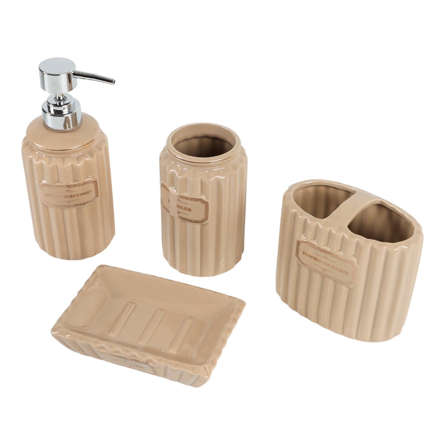 Beige Ceramic Bathroom Set Of 4 - Ribbed Design, Bath Accessories