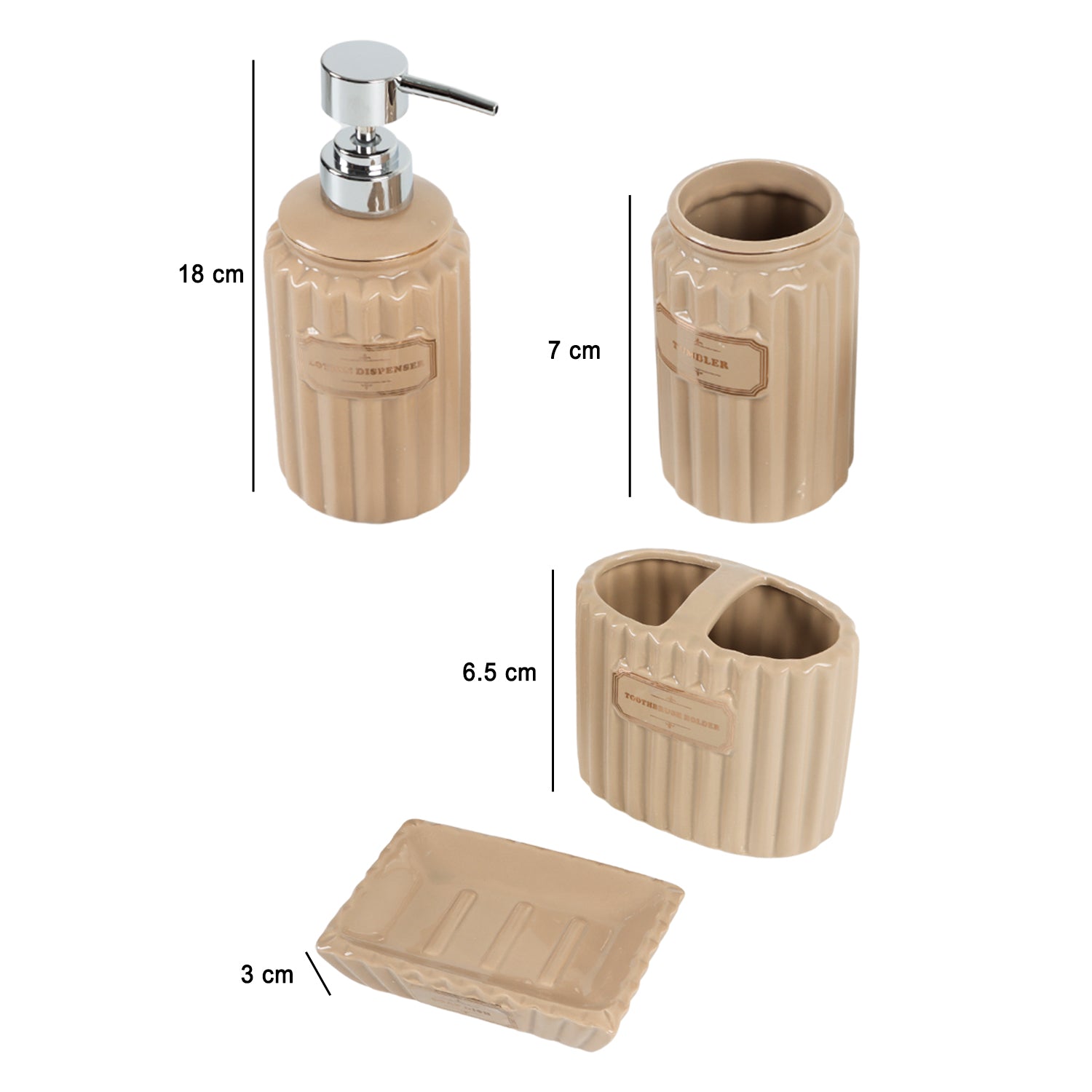 Beige Ceramic Bathroom Set Of 4 - Ribbed Design, Bath Accessories