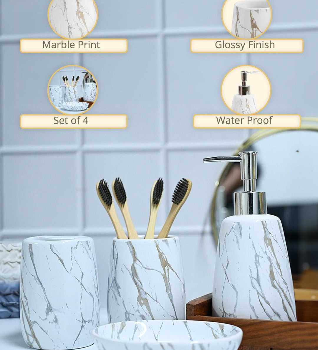 White Ceramic Bathroom Set Of 4 - Stone Finish, Bath Accessories - MARKET99