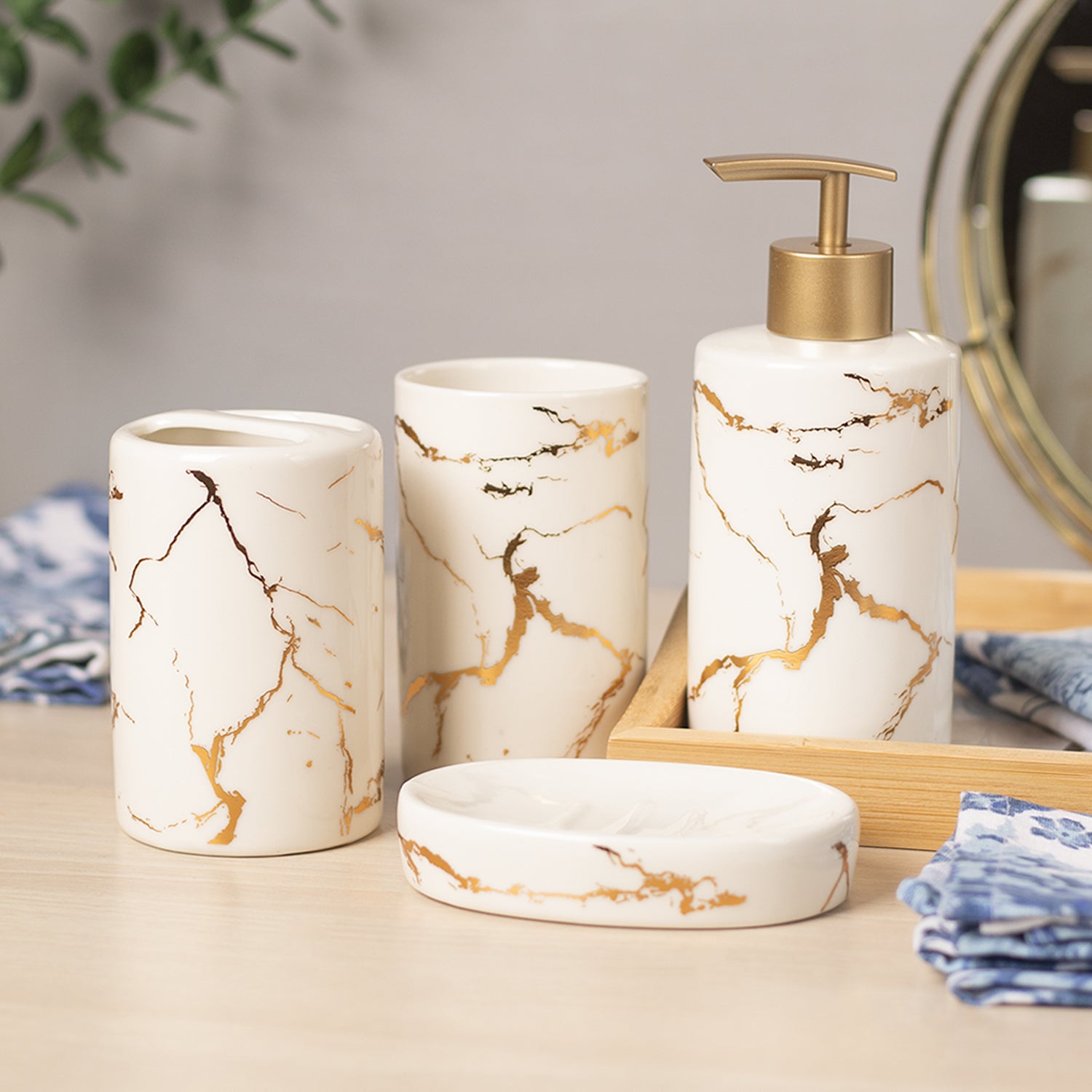 Ceramic Cylindrical Bathroom Set Of 4 - Abstract Pattern, Bath Accessories
