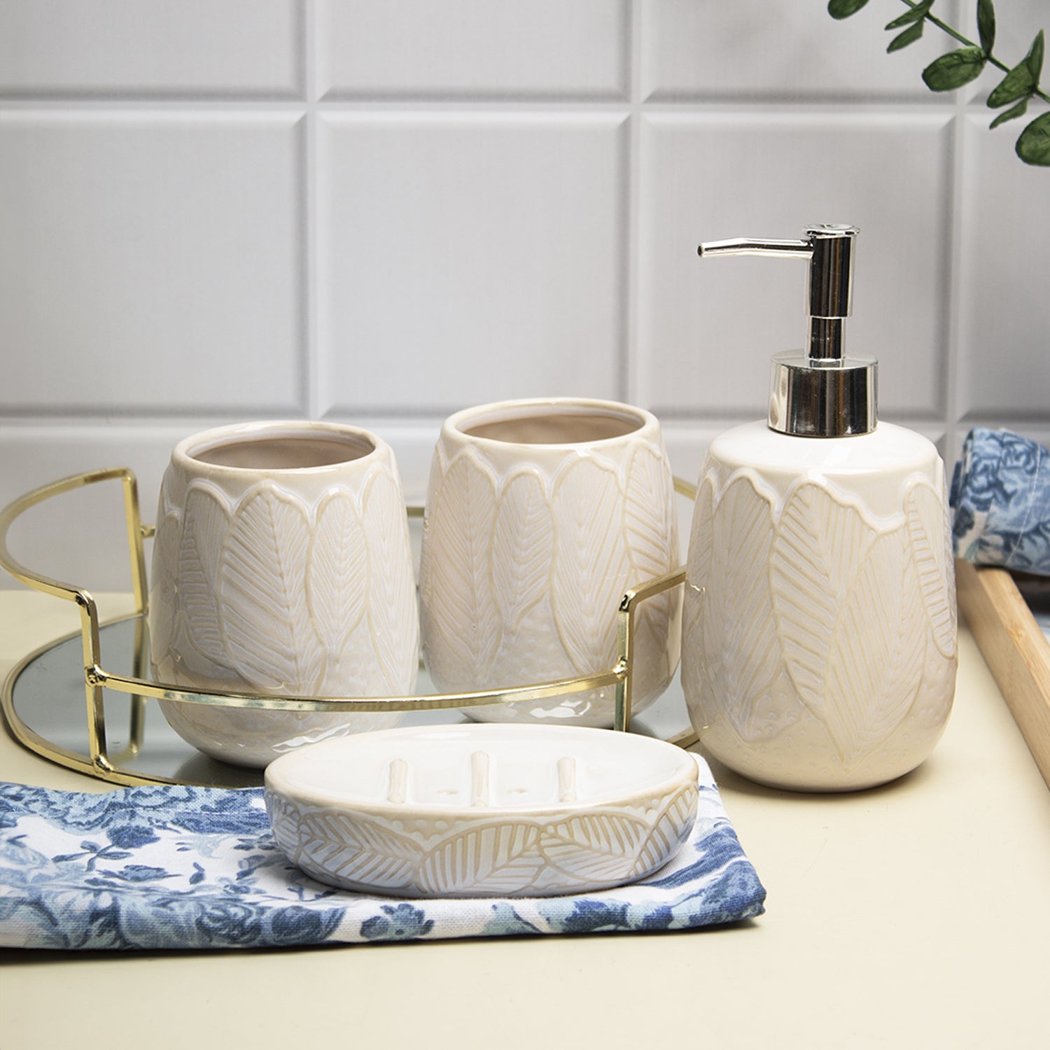 Off White Ceramic Bathroom Set Of 4 - Leafy Pattern, Bath Accessories
