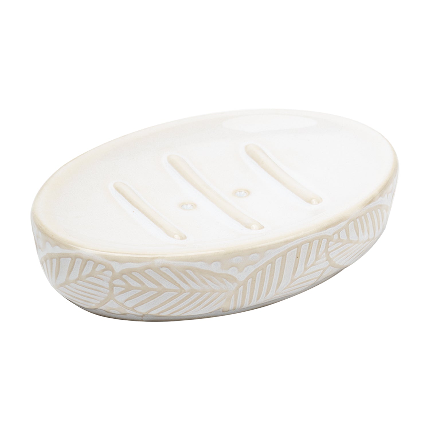 Off White Ceramic Bathroom Set Of 4 - Leafy Pattern, Bath Accessories