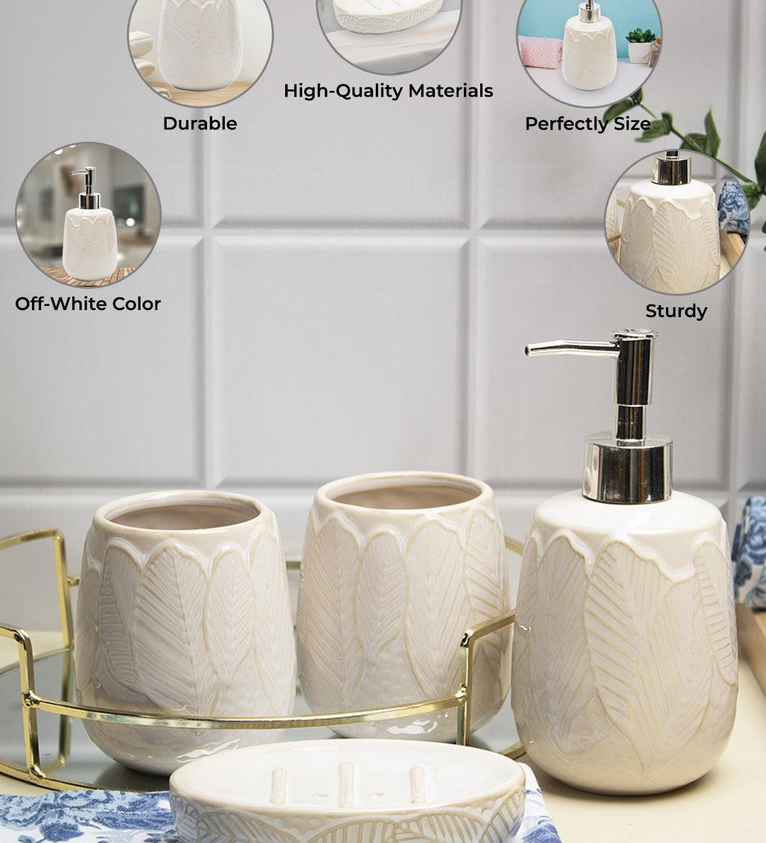 Off White Ceramic Bathroom Set Of 4 - Leafy Pattern, Bath Accessories - MARKET99