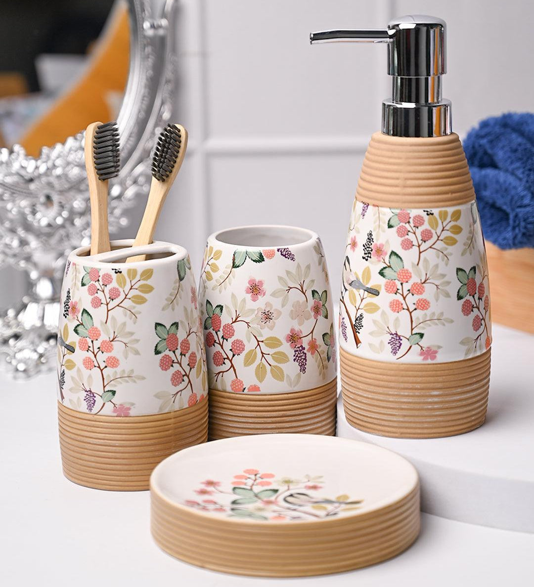 Multicolor Ceramic Cylindrical Bathroom Set Of 4 - Floral Design, Bath Accessories - MARKET99