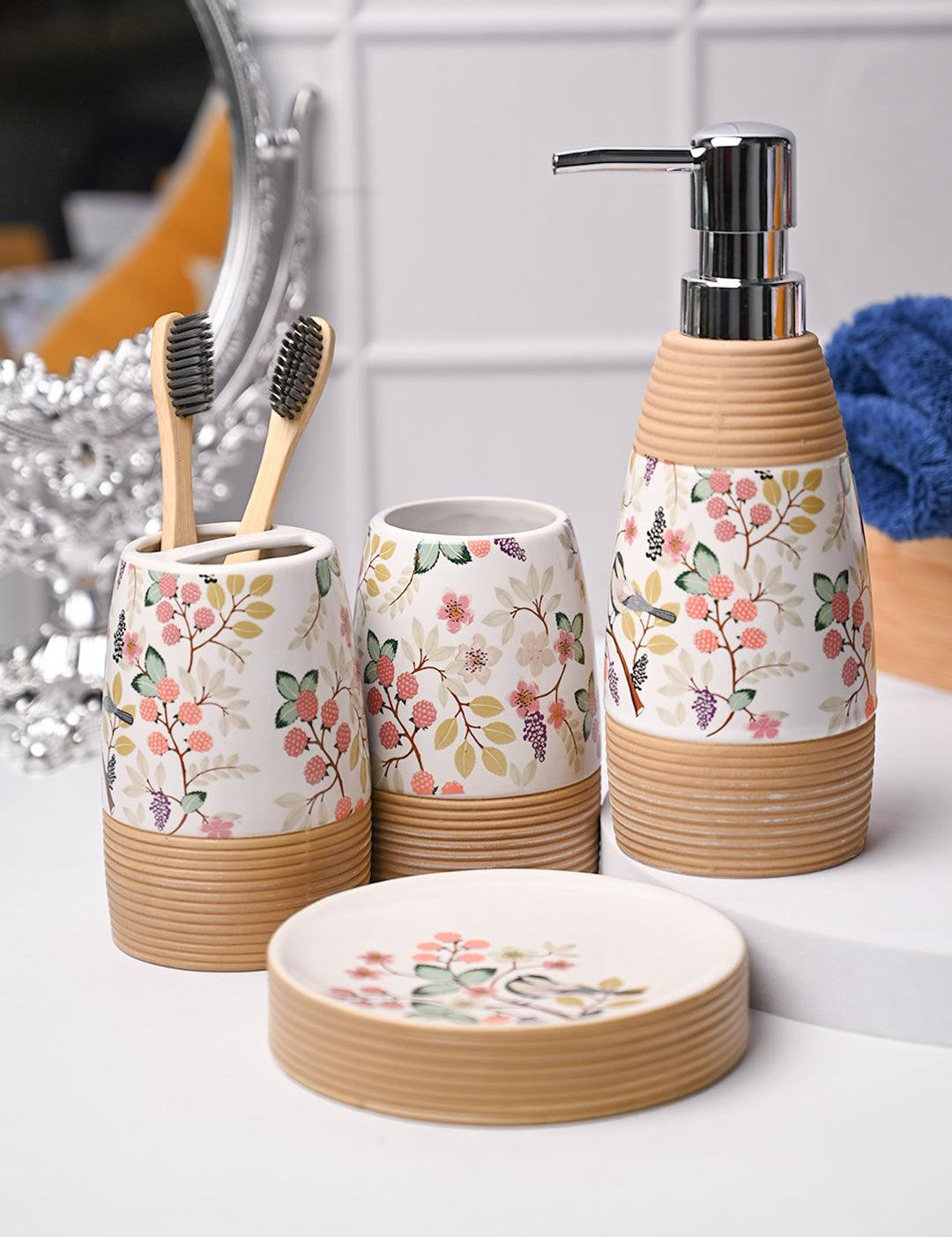 Multicolor Ceramic Cylindrical Bathroom Set Of 4 - Floral Design, Bath Accessories - MARKET99