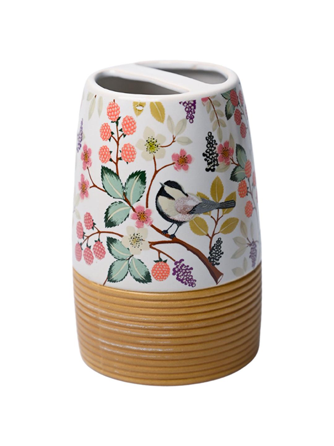 Multicolor Ceramic Cylindrical Bathroom Set Of 4 - Floral Design, Bath Accessories