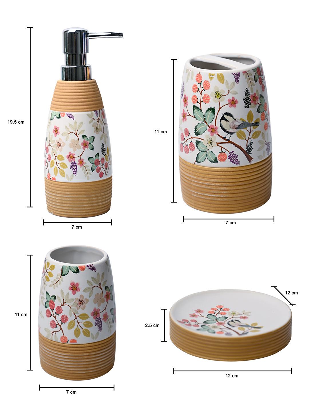 Multicolor Ceramic Cylindrical Bathroom Set Of 4 - Floral Design, Bath Accessories