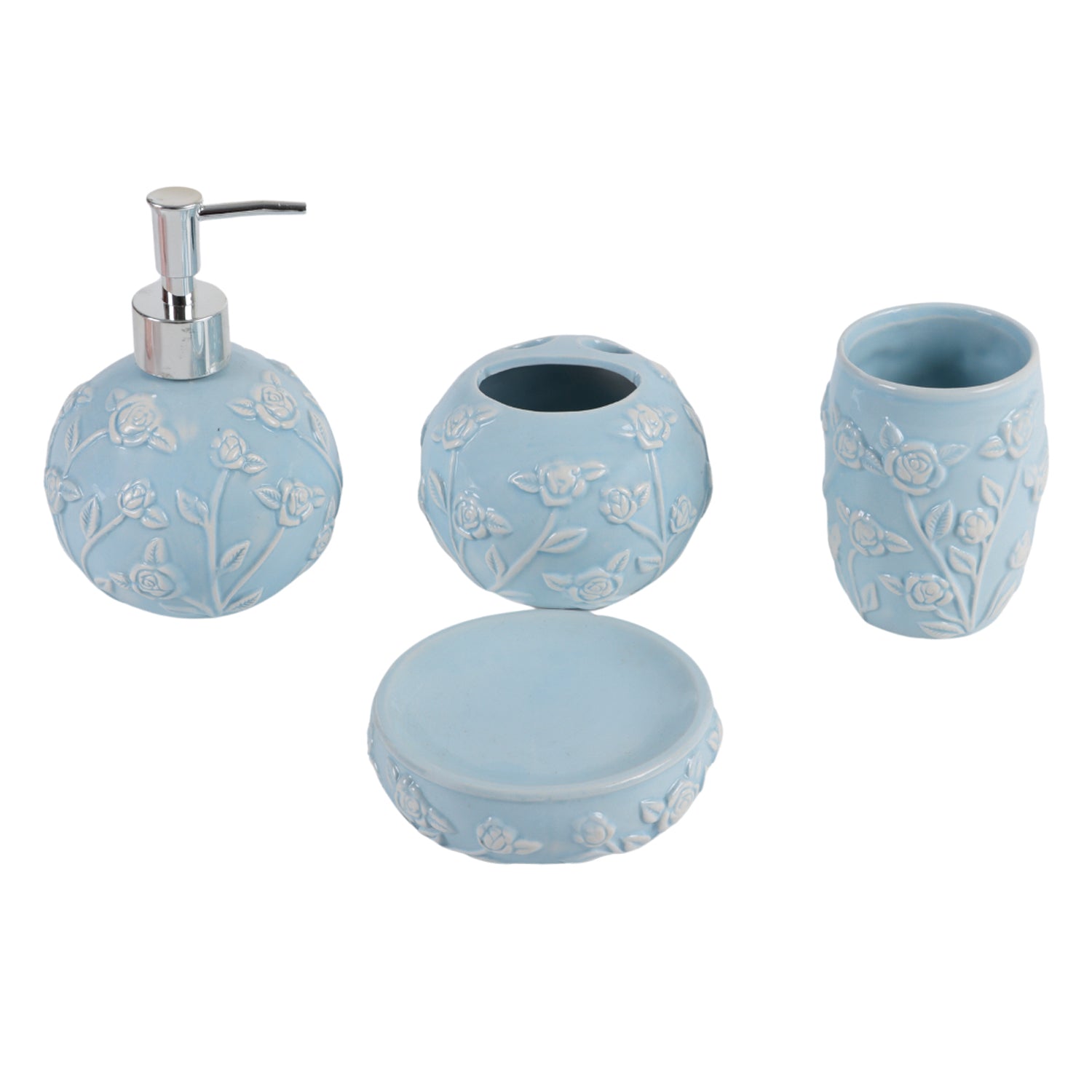 Blue Ceramic Bathroom Set Of 4 - Floral Design, Bath Accessories