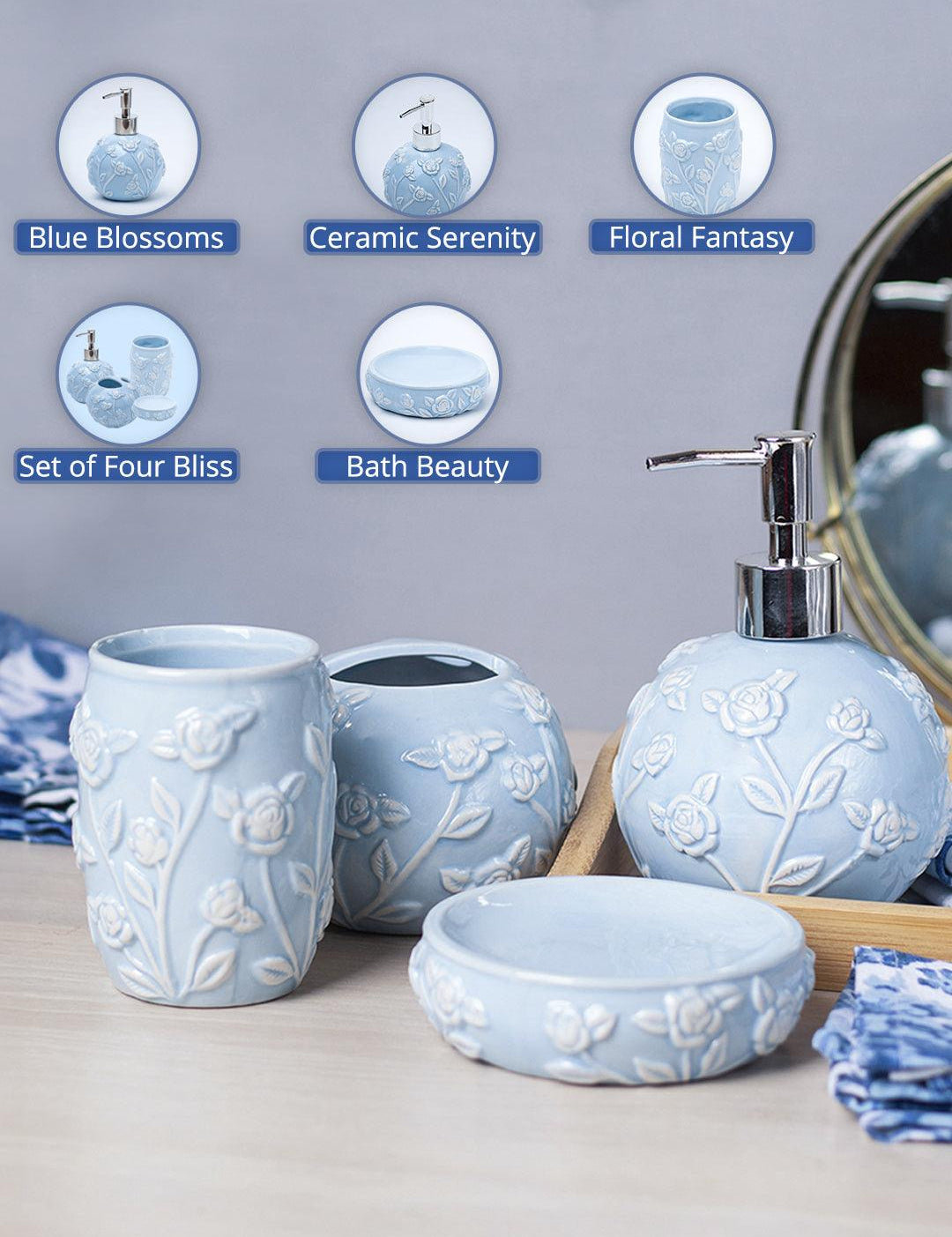 Blue Ceramic Bathroom Set Of 4 - Floral Design, Bath Accessories - MARKET99