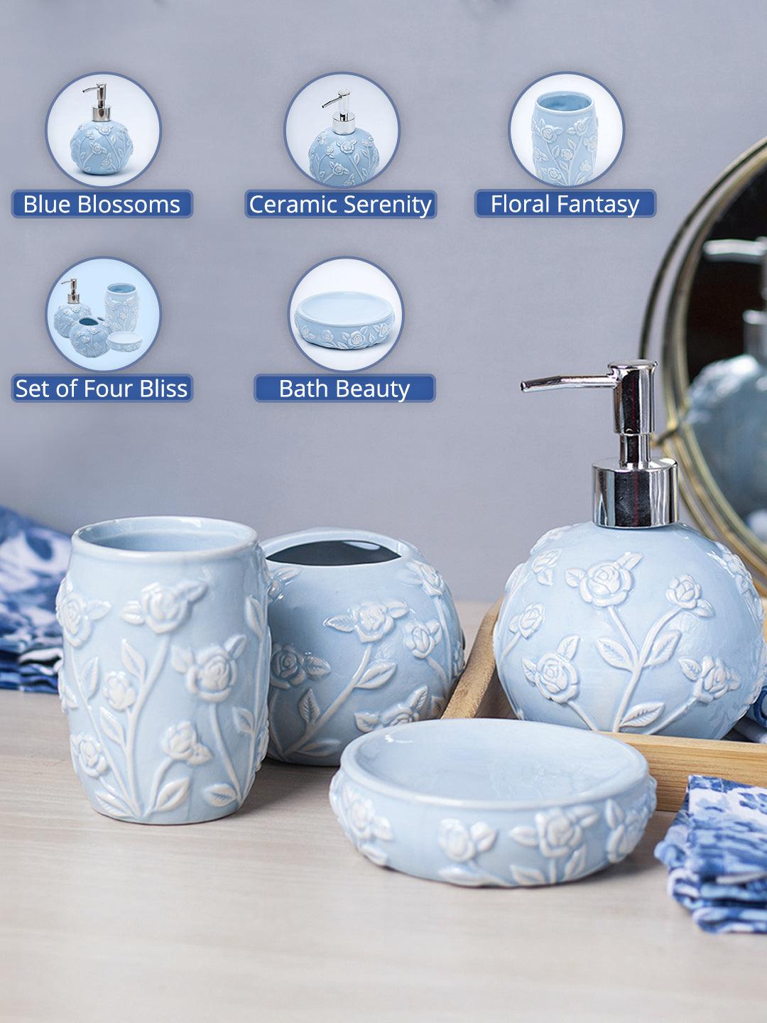 Blue Ceramic Bathroom Set Of 4 - Floral Design, Bath Accessories