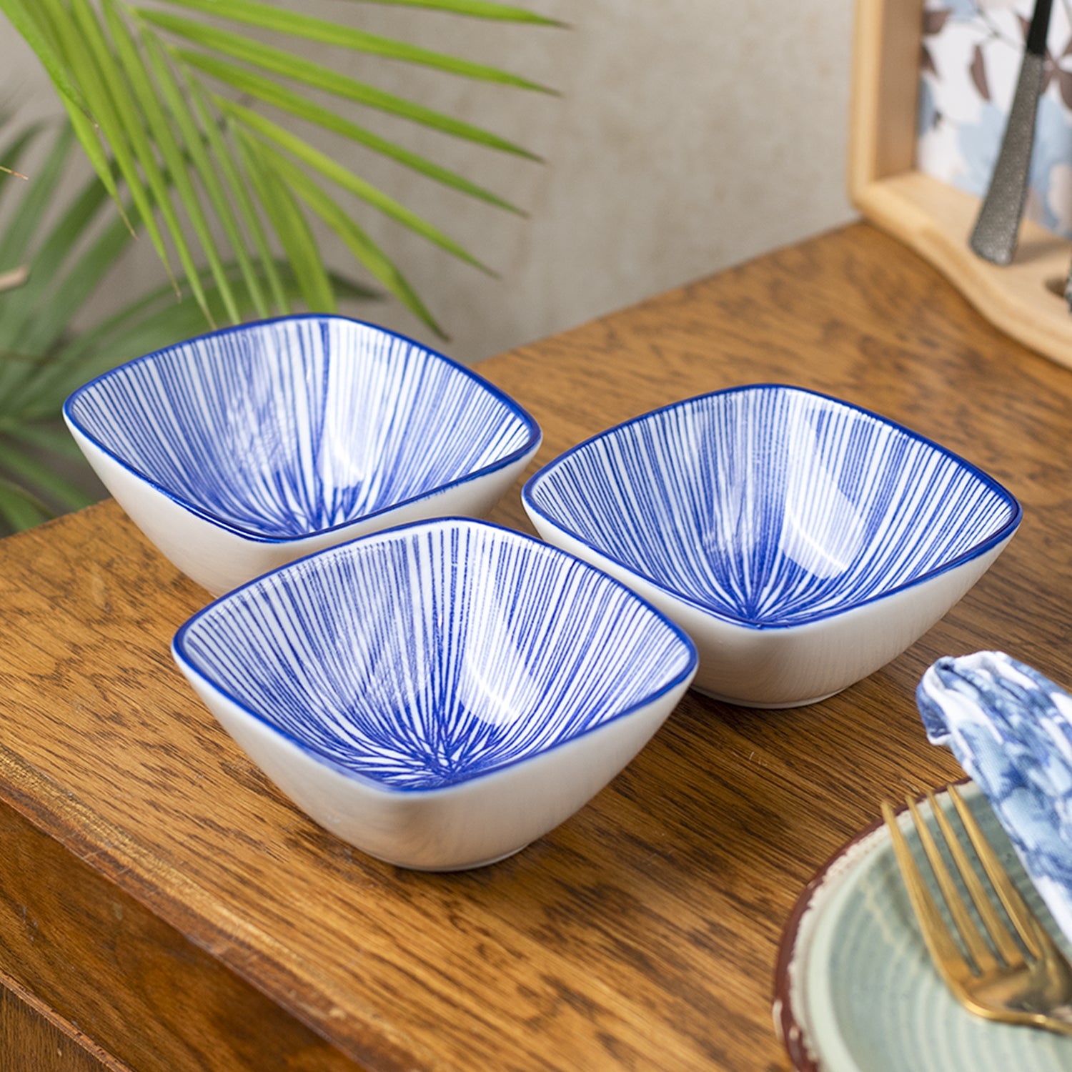 Blue Ceramic Dish, Pack Of 3 - Geometric Pattern, Serveware
